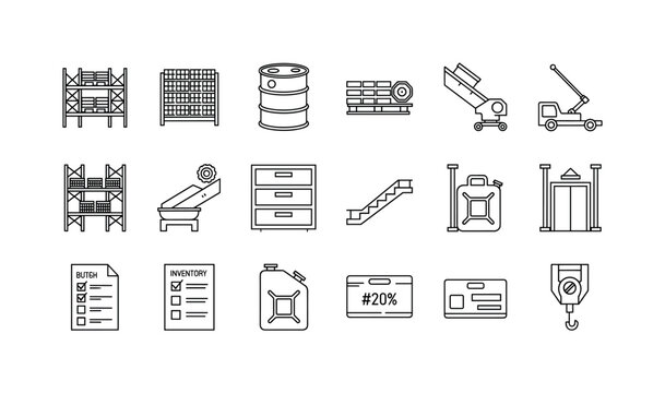Distribution center rack system, shrink wrapped pallet load, storage drum barrel, order picker machine, sorting chute slide, parts