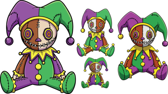 A collection of unsettling jester-inspired voodoo dolls with stitched faces and colorful patchwork clothing in various sizes on transparent background. on transparent background