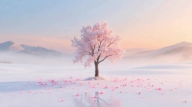 Frosted tree in snowy dawn landscape