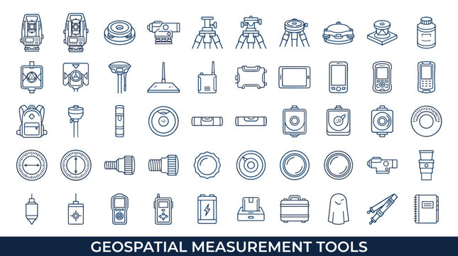 Collection of geospatial measurement tools and surveying equipment icons in a clean line art style