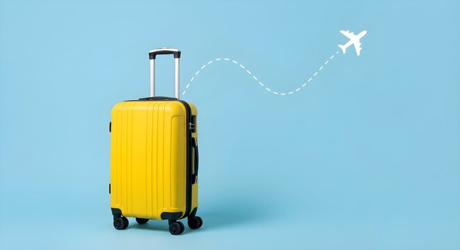 Maleta amarilla con avi&oacute;n ilustrado sobre fondo azul