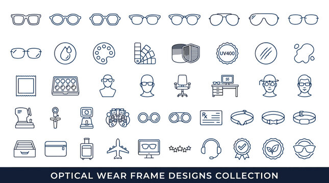 Collection of optical wear frame designs and related icons for eye care and vision health