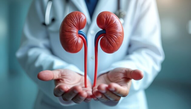 Doctor holds anatomical model of human kidneys. Medical professional offers care for kidney health. Understanding organ function and treatment options.