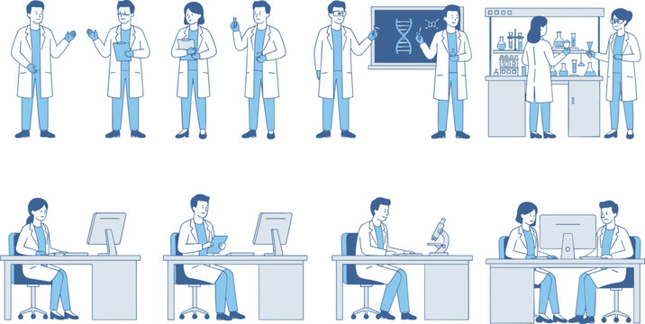 Flat vector illustration set of scientists and doctors working in a laboratory, conducting research with microscopes, analyzing DNA, and collaborating in a medical clinic.