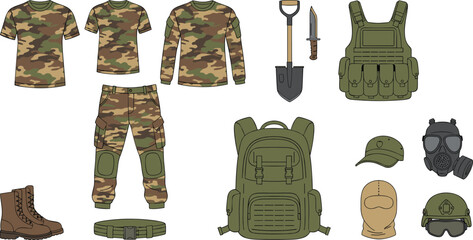 Flat vector illustration set of military tactical gear featuring camouflage clothing, backpack, combat boots, gas mask, helmet, and survival equipment for army and outdoor adventure. © Creative Rayhan