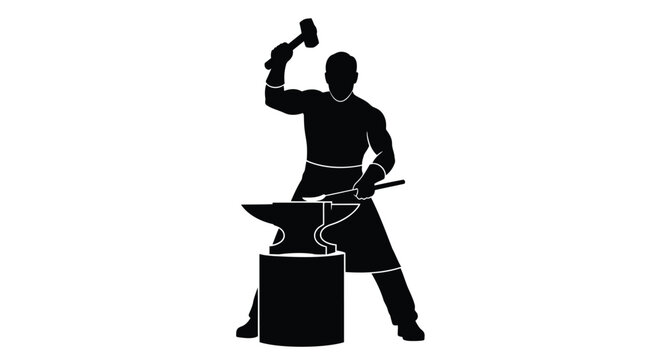 Blacksmith vector icon, silhouette of man working at anvil
