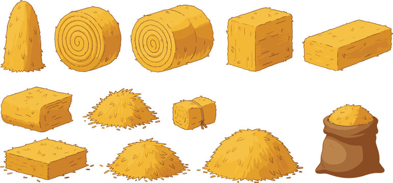 Flat vector illustration set of golden hay bales and straw piles in various shapes including round rolls, square blocks, and sacks for farm and harvest themes.