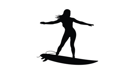 Fototapeta premium Vector silhouette of woman surfing on white background