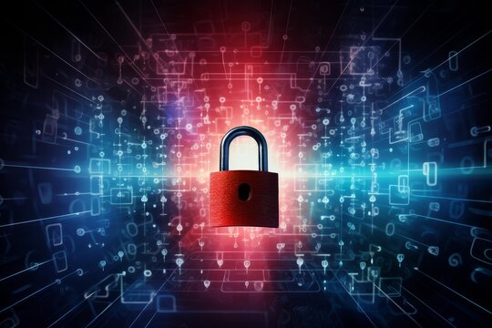 Red padlock visualizing cybersecurity, protecting digital information and network data flow against threats