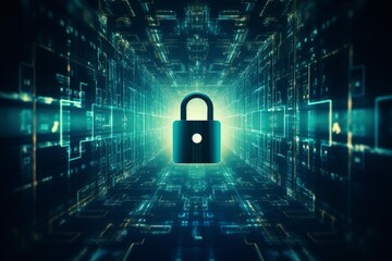 Fototapeta premium Padlock symbolizing security, protecting data within a technological tunnel