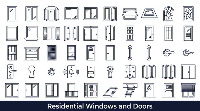 Collection of residential windows and doors icons in a clean, modern line art style