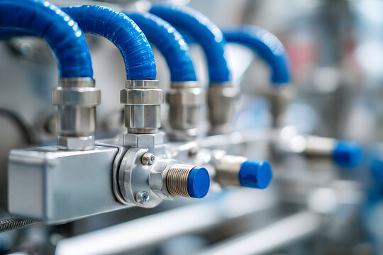 Pneumatic valve manifold with blue hoses and connectors in industrial automation setting