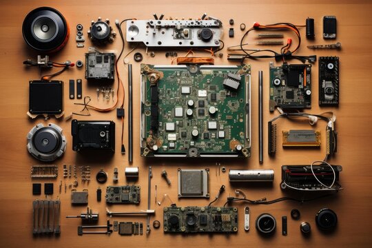 Various electronic parts and circuit boards flat lay, showcasing technology hardware and internal components
