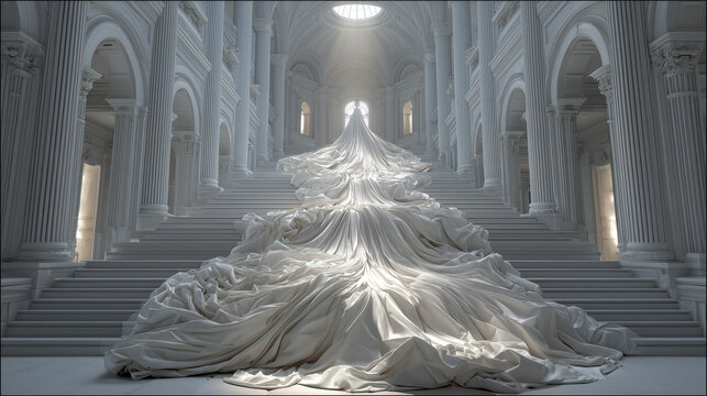 Majestic white fabric flowing down grand staircase in classical cathedral hall with pillars and natural light from dome window