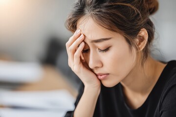 Fototapeta premium A young woman experiences intense headache and fatigue while working, showing signs of stress and overwhelm, highlighting the challenges of modern work life.