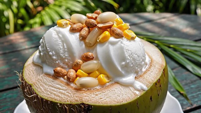 Coconut Delight: a Refreshing treat. Fresh coconut is filled with sweet coconut ice cream, then topped with fresh corn, peanuts for a treat under the warm sunshine.
