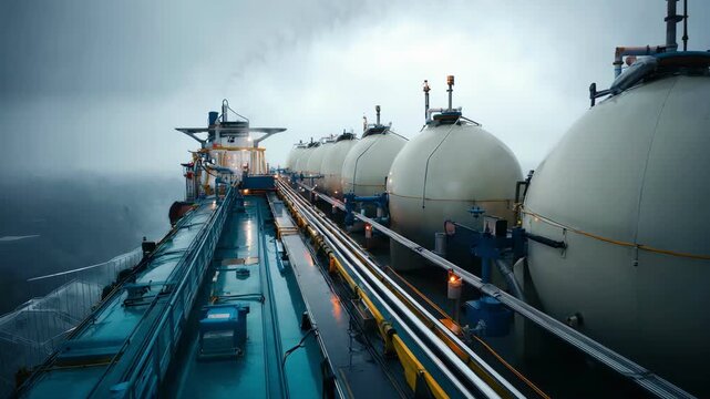 A large container ship navigates rough ocean waves during a lightning storm.