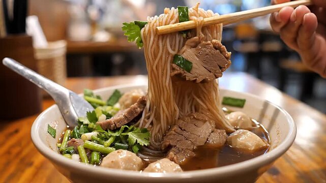 Noodle Dish Presentation: A close-up shot showcasing the artful presentation of a savory noodle dish, capturing the allure of the culinary creation.