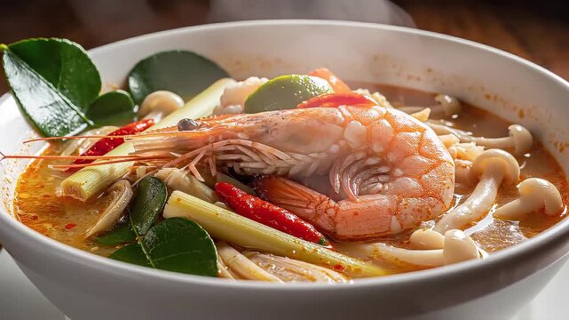 Exotic Tom Yum Soup: A steaming bowl of vibrant Tom Yum soup, showcasing a succulent prawn and aromatic herbs, offers an exquisite culinary experience.