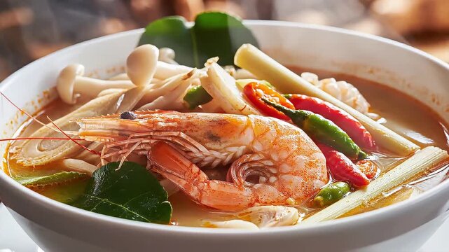 Tom Yum: This tantalizing image captures a bowl of steaming tom yum soup, a symphony of flavors and textures. The vibrant red chilies, the plump shrimp.