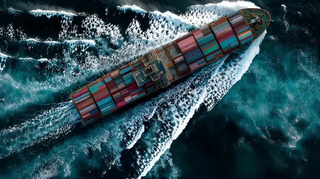 Aerial view of a large container ship sailing through rough dark ocean waves.