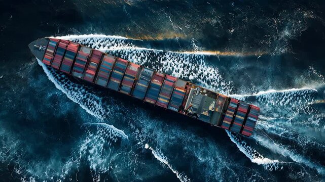 Top down aerial view of a huge container ship navigating dark rough ocean waves.