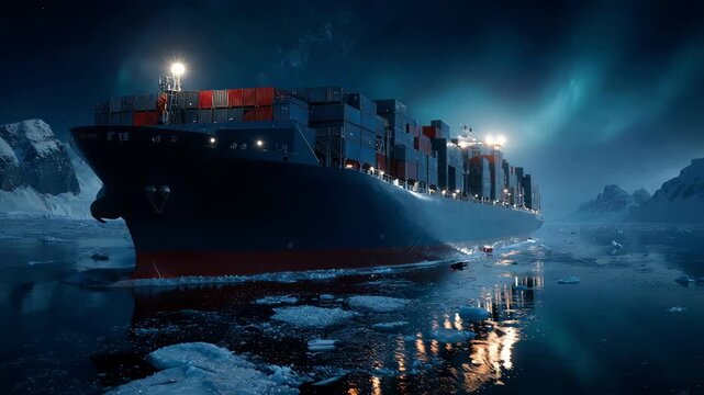 A massive container ship navigates a frozen ocean under glowing northern lights.