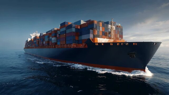 A massive container ship sails smoothly across a calm blue ocean on a clear day.