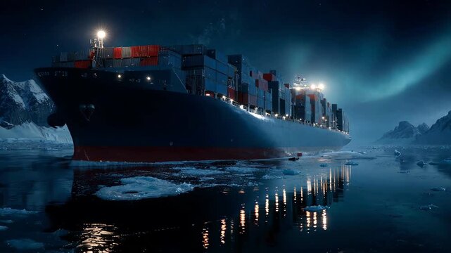 A large cargo container ship sails through icy waters under the northern lights.