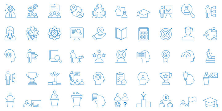 Training and Coaching line icon set. Set of 50 outline icons. Training and Education line icon set. Contains symbols for e-learning, coaching, online courses, and skill development. EPS 10. 