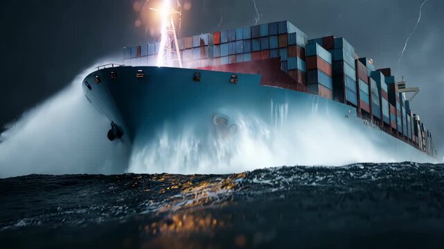 A cargo container ship navigates rough ocean waves during a lightning storm.