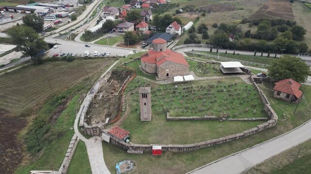 Rotating drone captures Holy Apostles Peter and Paul church, a Serbian Orthodox church , part of UNESCO World Heritage Stari Ras complex, Novi Pazar, Serbia.