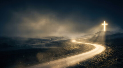 Glowing cross on a hill illuminates a winding road through misty landscape