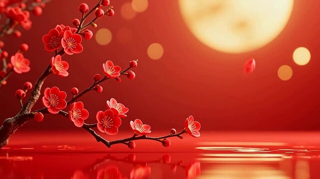 Red plum blossoms under a full moon