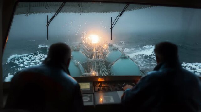 Officers on a ship bridge navigate a gas carrier through a dark storm.