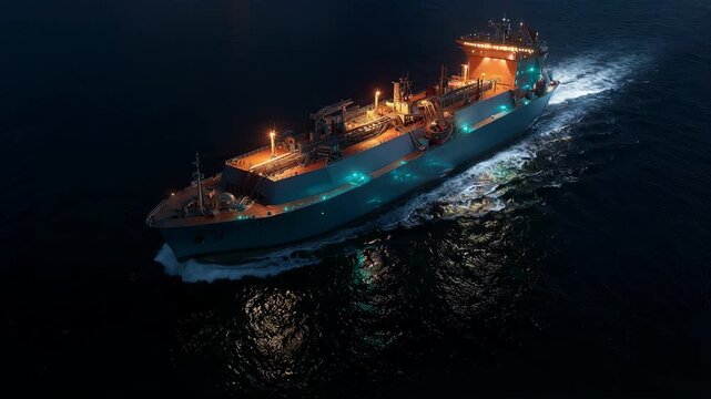 A large illuminated gas tanker ship sails through the dark ocean at night.