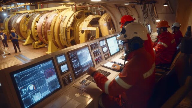 Workers operate computers in the control room of an offshore cable ship.