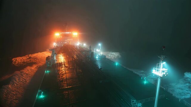 Deck view of a massive cargo ship sailing through heavy fog at night.