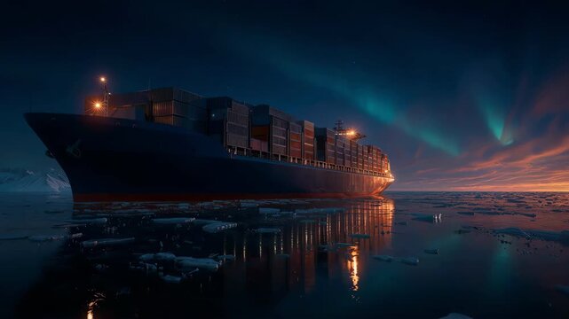 A large container ship sails through ice under a spectacular aurora sky.