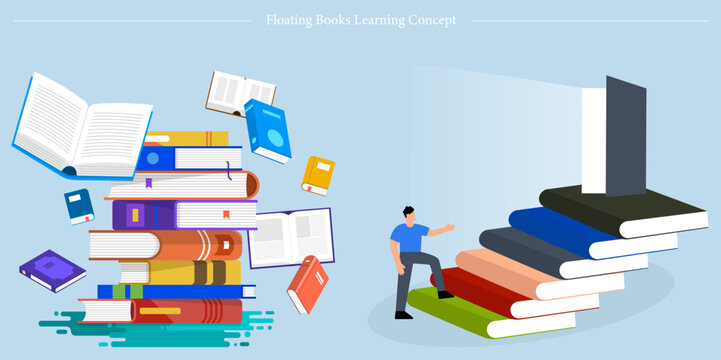 Floating Books Learning Concept Flat Vector Education Knowledge Stairway Opportunity Illustration