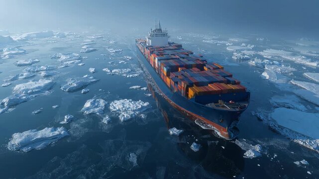 Aerial view of a large container ship navigating through broken sea ice.