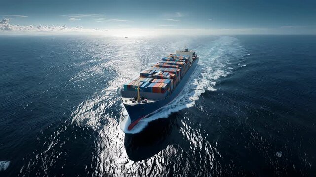 Aerial view of a large container ship sailing smoothly across a calm ocean.