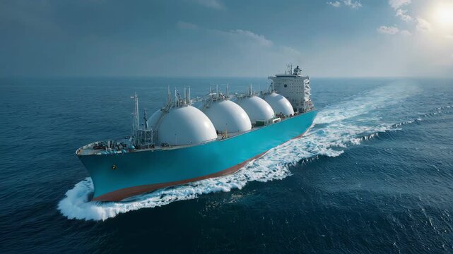 A massive blue gas carrier ship sails smoothly across a bright blue ocean.