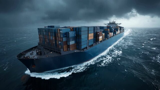 A large container ship sails through a dark rainy ocean in a heavy storm.