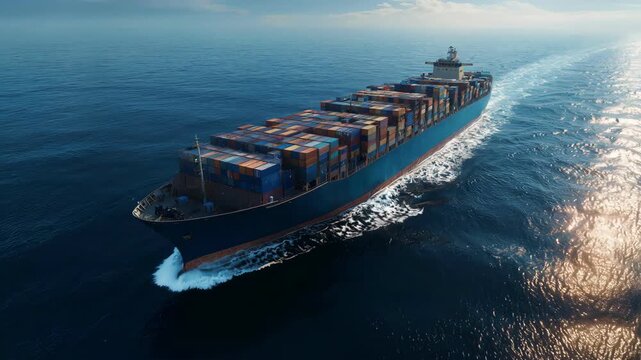 A massive commercial container ship sails across a bright and calm ocean.