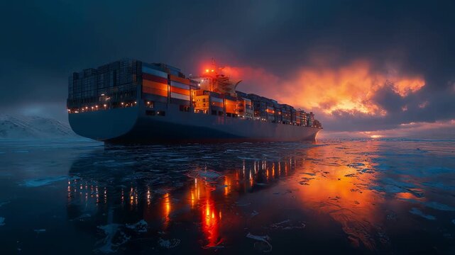 A container ship navigates a frozen icy ocean during a spectacular sunset.