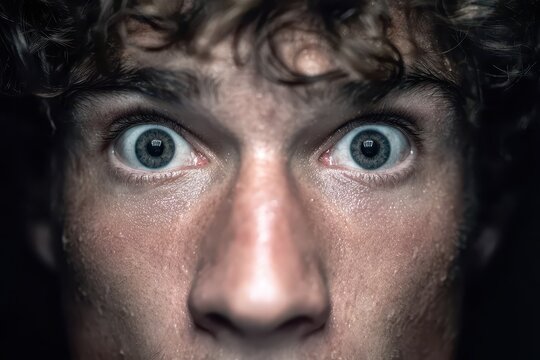 A close-up dramatic portrait of a person's face with wide, startled eyes, drenched in sweat, creating a sense of intensity and vulnerability, with curly hair.