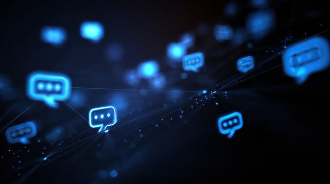 A network of glowing chat icons shows digital communication in action, highlighting the use of technology in connecting people online.
