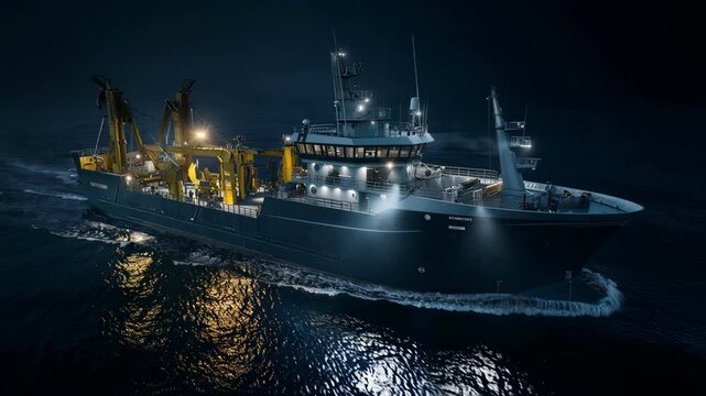 A large illuminated offshore support vessel sails on the dark ocean at night.
