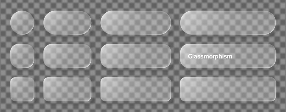 Set of frosted glass shapes for user interface design. Transparent glossy panels with blur effect for web element and mobile app button. Vector graphic style for modern technology layout.
